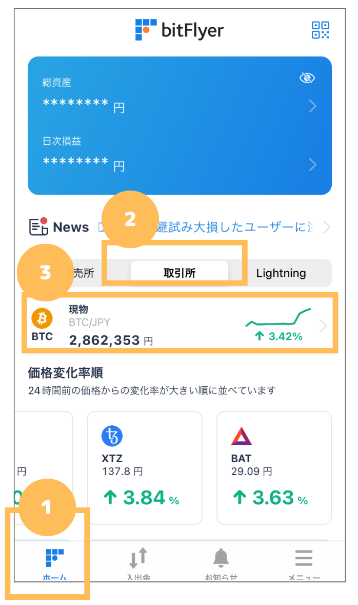 ビットコインの購入手順　ホーム画面