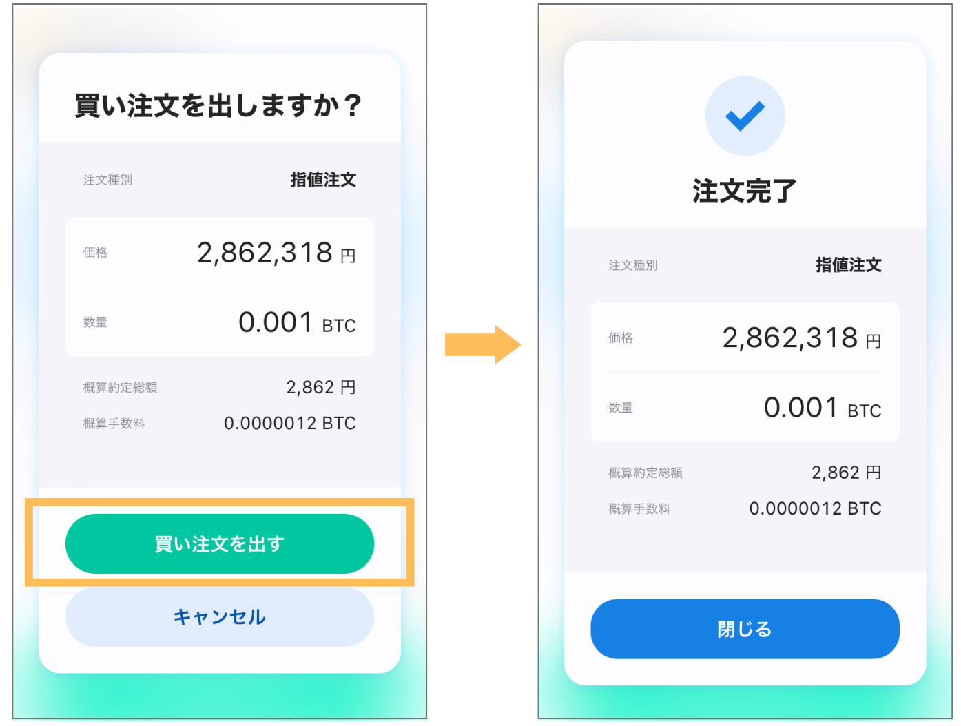 ビットコインの購入手順　注文確認